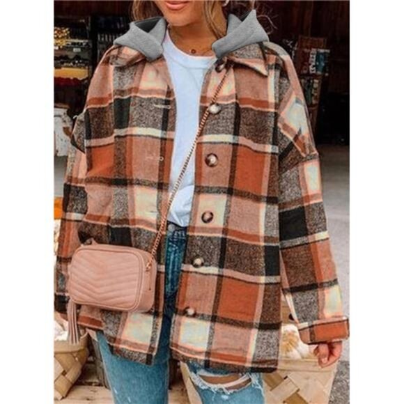 Women's Long Sleeve Button-Down Plaid Flannel Hooded Shacket Jacket - Picture 4 of 7